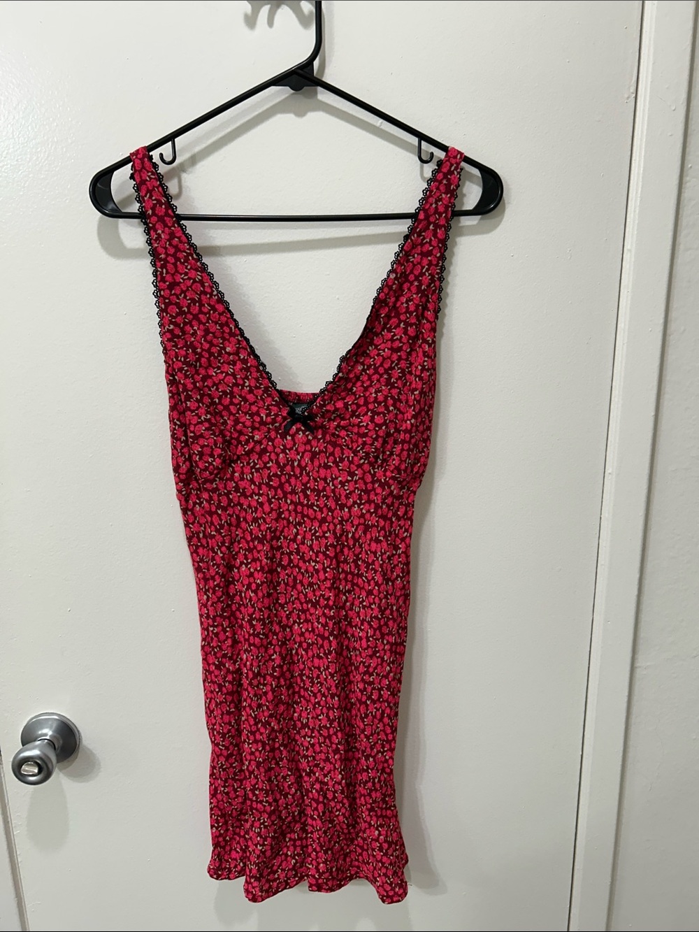 wild fable Red Floral V-Neck Mini Slip Dress with Black Trim